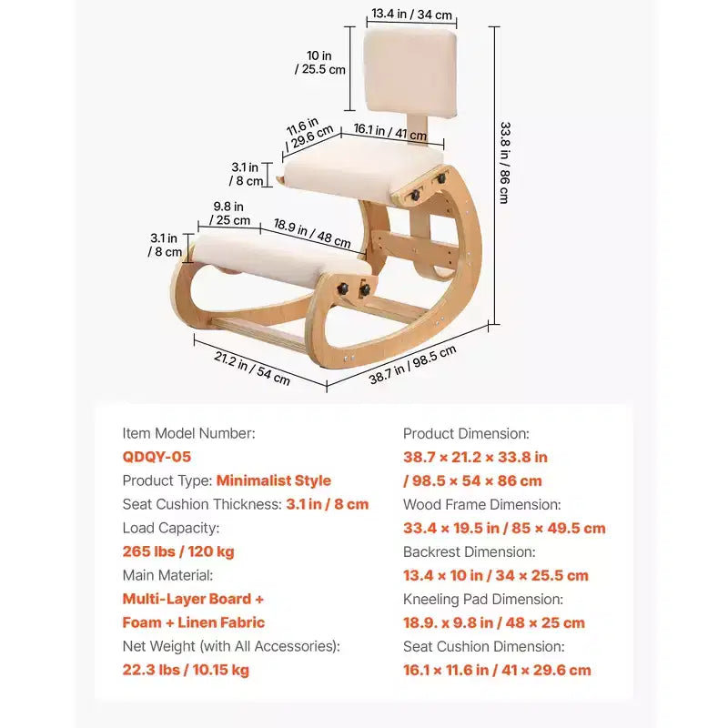 VEVOR Ergonomic Kneeling Chair, Wooden Posture Knee Chair with Adjustable Thick Foam Cushions, Backrest and Wood Frame, Adjustable Height, Off-white