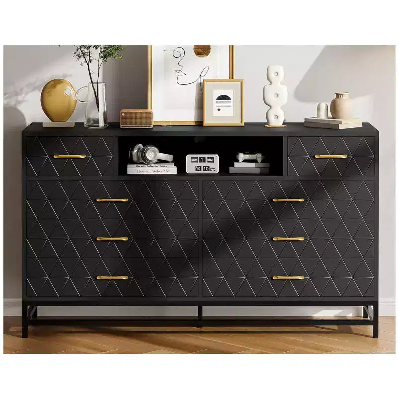 8 Drawer Dresser TV Cabinet with Charging Station & LED Lights, Modern Black Accent Chest for Bedrooms/Living Rooms/Apartments