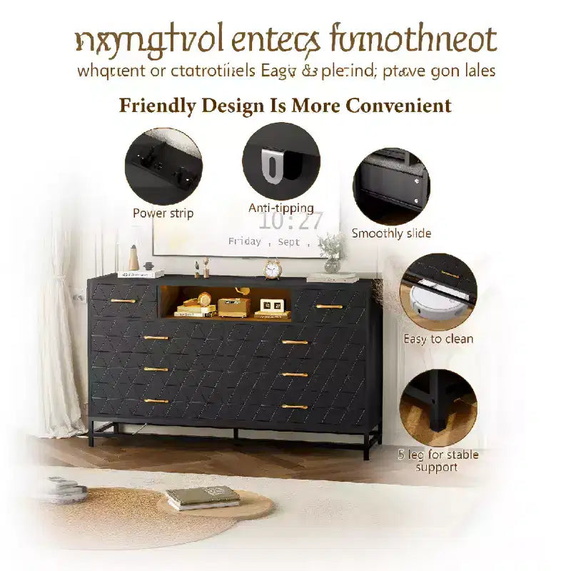 Commode 8 tiroirs Meuble TV avec station de charge et lumières LED, buffet d'appoint moderne noir pour chambres/salons/appartements