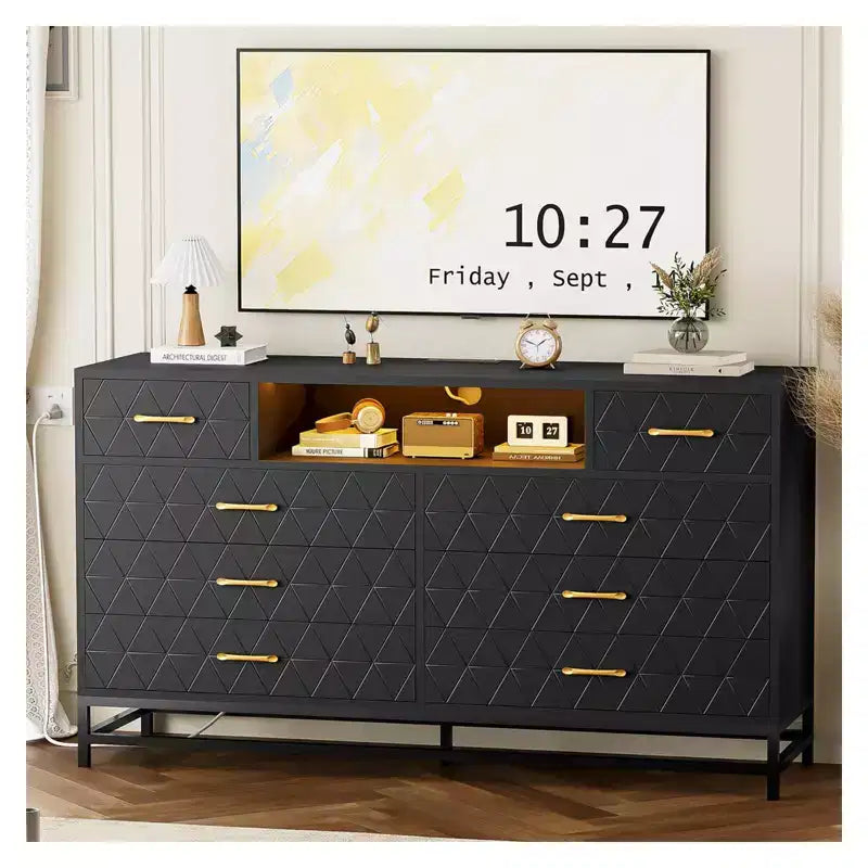 Commode 8 tiroirs Meuble TV avec station de charge et lumières LED, buffet d'appoint moderne noir pour chambres/salons/appartements