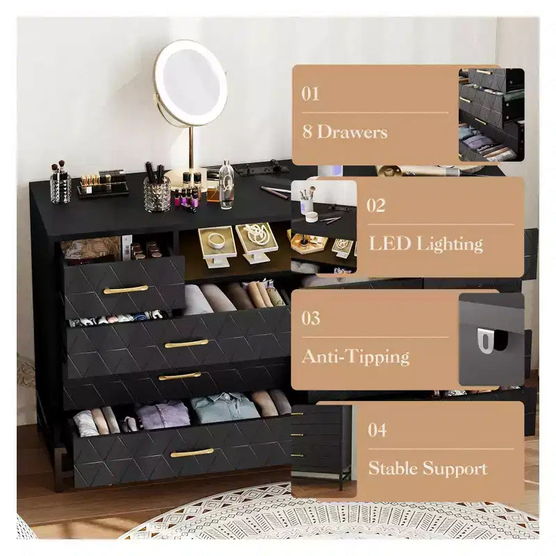Commode 8 tiroirs Meuble TV avec station de charge et lumières LED, buffet d'appoint moderne noir pour chambres/salons/appartements