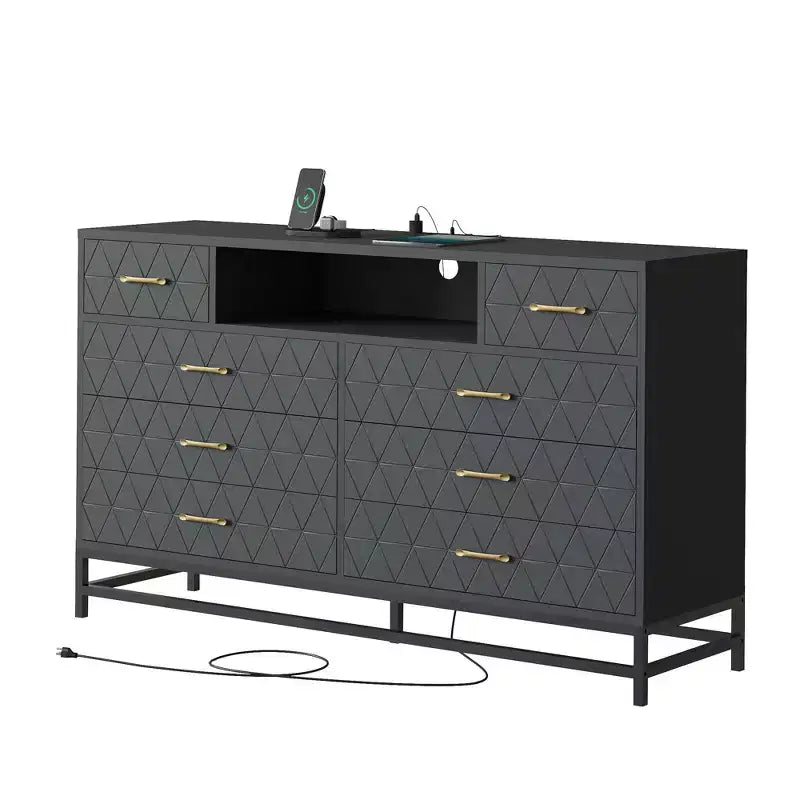 Commode 8 tiroirs Meuble TV avec station de charge et lumières LED, buffet d'appoint moderne noir pour chambres/salons/appartements