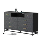 Commode 8 tiroirs Meuble TV avec station de charge et lumières LED, buffet d'appoint moderne noir pour chambres/salons/appartements