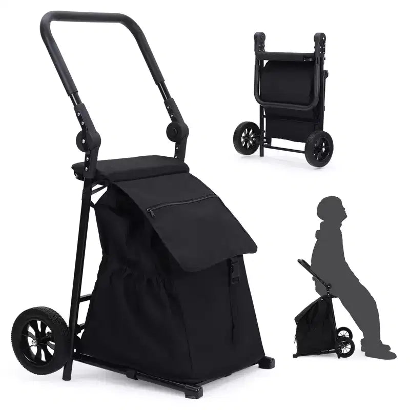 2-in-1 Collapsible Utility Hand Cart, Rolling Trolley W/ 32.5 Gal Waterproof Bag, Cushioned Seat & Adjustable Handle for Groceries, Laundry, Travel