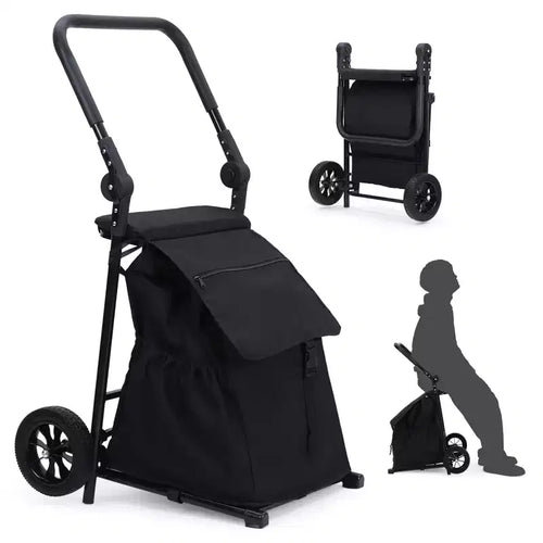 2-in-1 Collapsible Utility Hand Cart, Rolling Trolley W/ 32.5 Gal Waterproof Bag, Cushioned Seat & Adjustable Handle for Groceries, Laundry, Travel