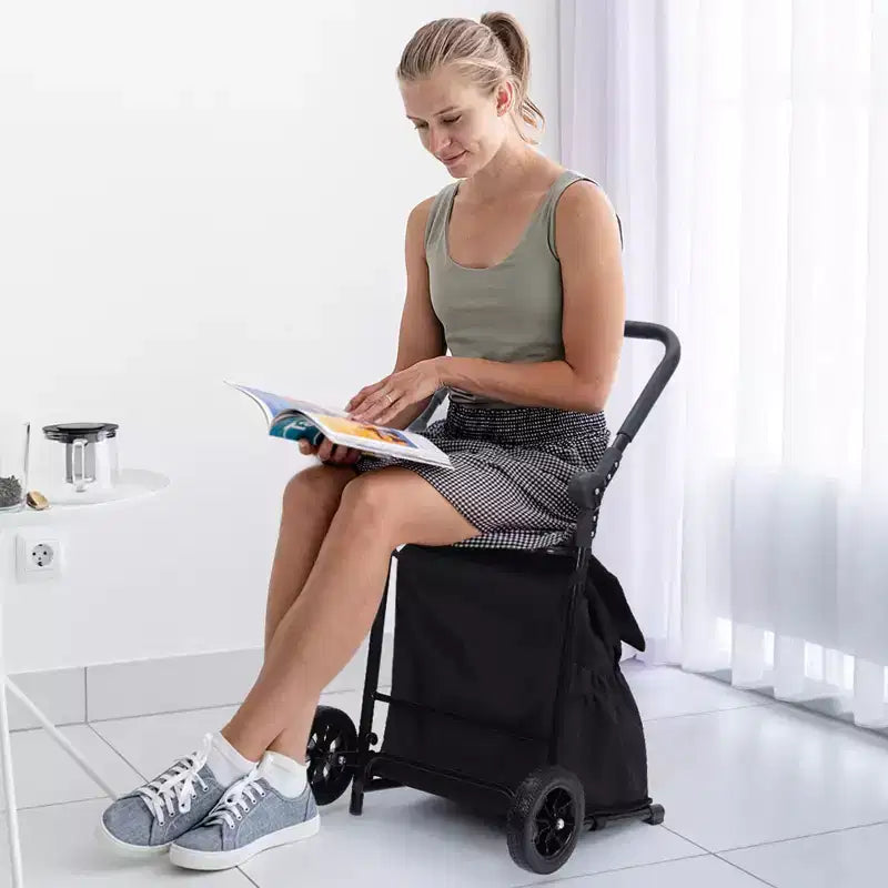Chariot de courses pliable 2 en 1, chariot à roulettes avec sac étanche de 123 L, siège rembourré et poignée réglable pour les courses, la lessive, les voyages