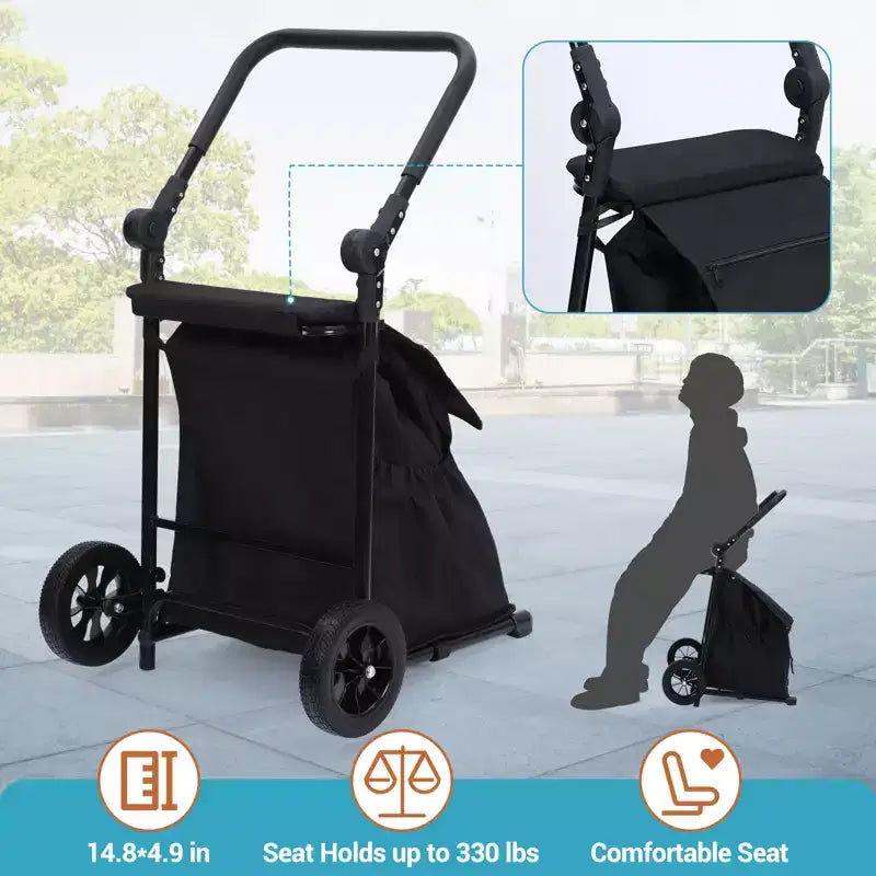 Chariot de courses pliable 2 en 1, chariot à roulettes avec sac étanche de 123 L, siège rembourré et poignée réglable pour les courses, la lessive, les voyages