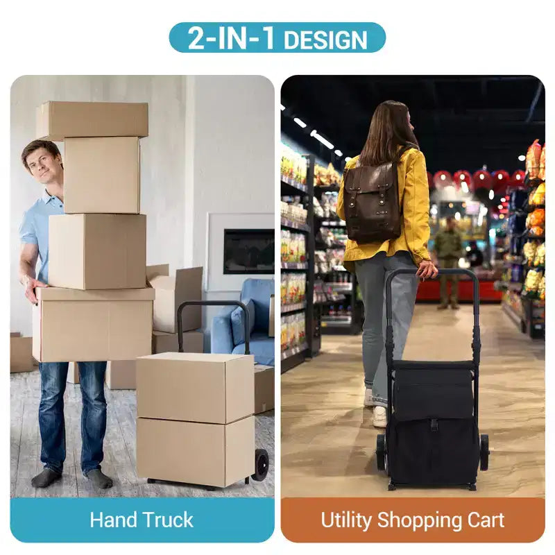 Chariot de courses pliable 2 en 1, chariot à roulettes avec sac étanche de 123 L, siège rembourré et poignée réglable pour les courses, la lessive, les voyages