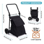 Chariot de courses pliable 2 en 1, chariot à roulettes avec sac étanche de 123 L, siège rembourré et poignée réglable pour les courses, la lessive, les voyages