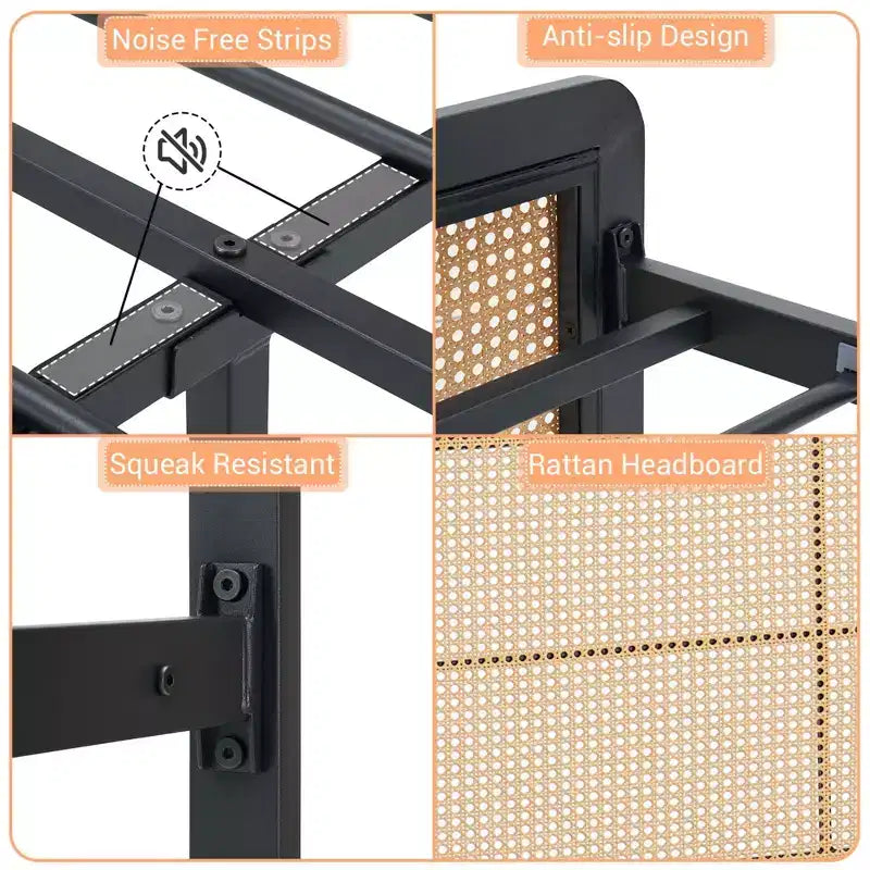 Queen Rattan Bed Frame with LED Light & Storage, Boho Woven Headboard Platform Bed, No Box Spring Needed for Queen Size Mattress
