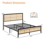Queen Rattan Bed Frame with LED Light & Storage, Boho Woven Headboard Platform Bed, No Box Spring Needed for Queen Size Mattress