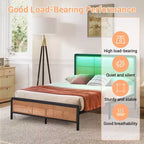 Queen Rattan Bed Frame with LED Light & Storage, Boho Woven Headboard Platform Bed, No Box Spring Needed for Queen Size Mattress