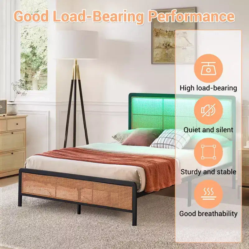 Queen Rattan Bed Frame with LED Light & Storage, Boho Woven Headboard Platform Bed, No Box Spring Needed for Queen Size Mattress