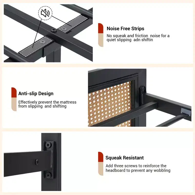 Queen Rattan Bed Frame with LED Light & Storage, Boho Woven Headboard Platform Bed, No Box Spring Needed for Queen Size Mattress