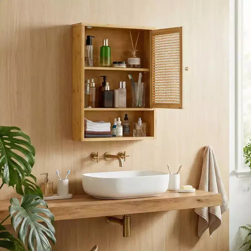 Wall Mount Bamboo Bathroom Cabinet Over Toilet Medicine Cabinet with Rattan Doors Adjustable Shelf Hanging Storage for Kitchen Laundry Living Room