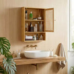 Wall Mount Bamboo Bathroom Cabinet Over Toilet Medicine Cabinet with Rattan Doors Adjustable Shelf Hanging Storage for Kitchen Laundry Living Room