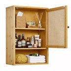 Wall Mount Bamboo Bathroom Cabinet Over Toilet Medicine Cabinet with Rattan Doors Adjustable Shelf Hanging Storage for Kitchen Laundry Living Room