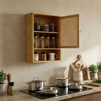 Wall Mount Bamboo Bathroom Cabinet Over Toilet Medicine Cabinet with Rattan Doors Adjustable Shelf Hanging Storage for Kitchen Laundry Living Room