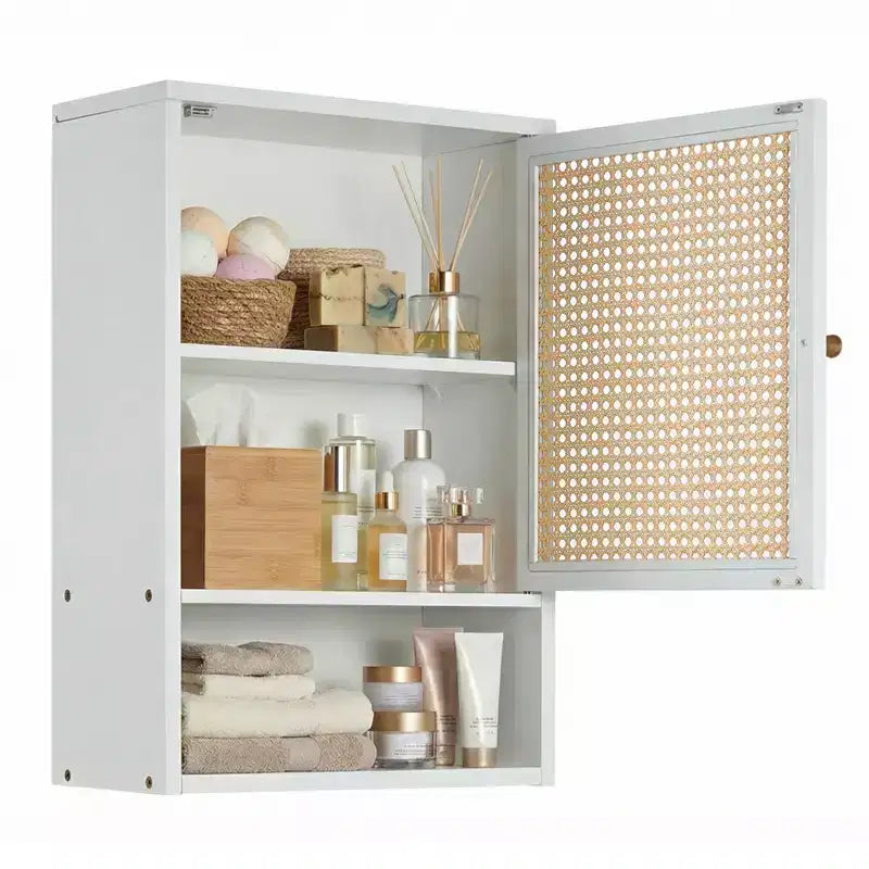 Wall Mount Bamboo Bathroom Cabinet Over Toilet Medicine Cabinet with Rattan Doors Adjustable Shelf Hanging Storage for Kitchen Laundry Living Room