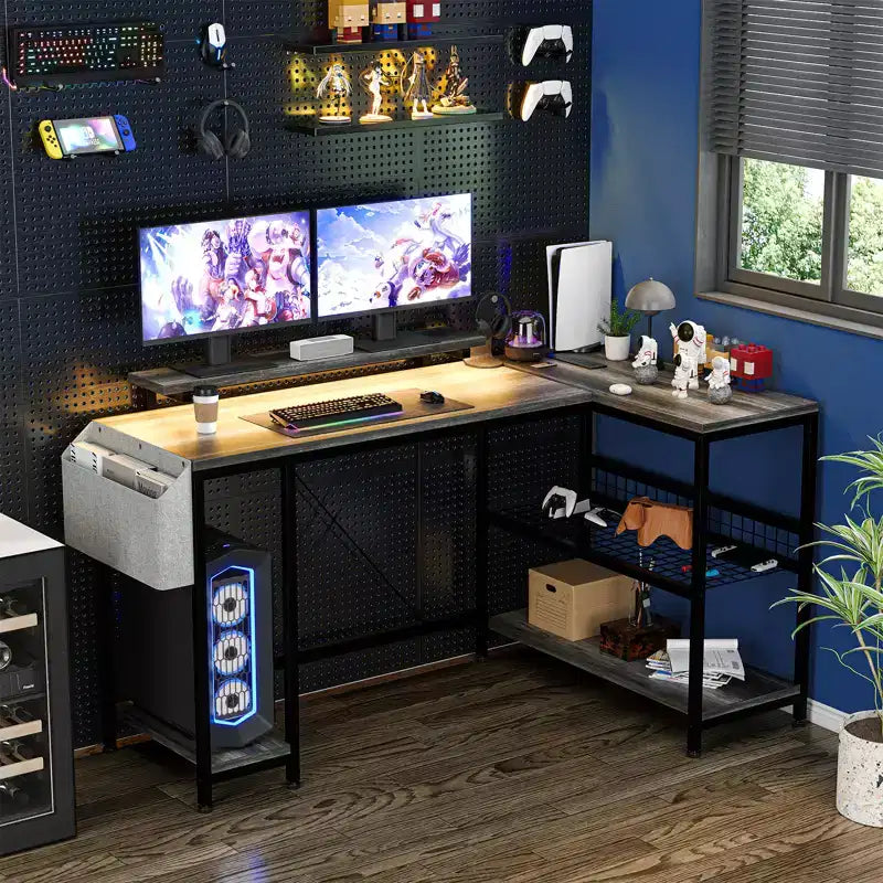 L Shaped Corner Gaming Desk with Lights, Power Outlet & Storage, Small Computer Desk with Monitor Stand & Storage Shelves