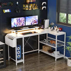 L Shaped Corner Gaming Desk with Lights, Power Outlet & Storage, Small Computer Desk with Monitor Stand & Storage Shelves