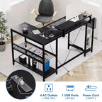 L Shaped Corner Gaming Desk with Lights, Power Outlet & Storage, Small Computer Desk with Monitor Stand & Storage Shelves