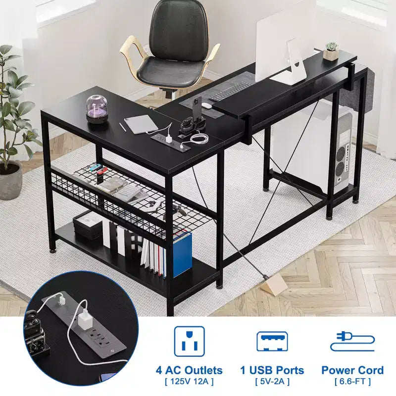 L Shaped Corner Gaming Desk with Lights, Power Outlet & Storage, Small Computer Desk with Monitor Stand & Storage Shelves