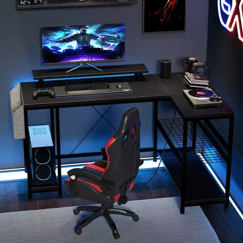 L Shaped Corner Gaming Desk with Lights, Power Outlet & Storage, Small Computer Desk with Monitor Stand & Storage Shelves