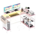 L Shaped Corner Gaming Desk with Lights, Power Outlet & Storage, Small Computer Desk with Monitor Stand & Storage Shelves
