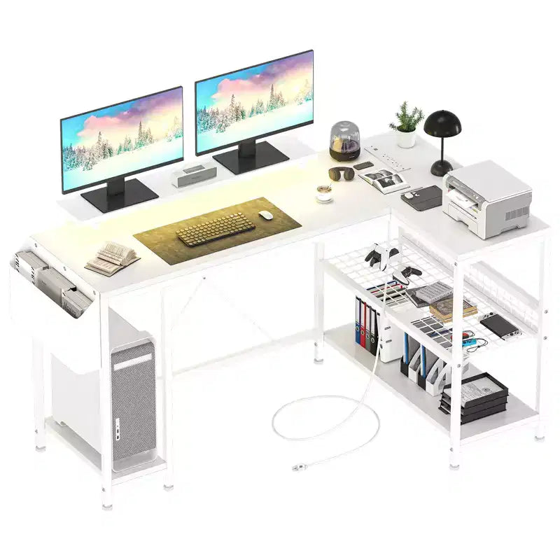 L Shaped Corner Gaming Desk with Lights, Power Outlet & Storage, Small Computer Desk with Monitor Stand & Storage Shelves