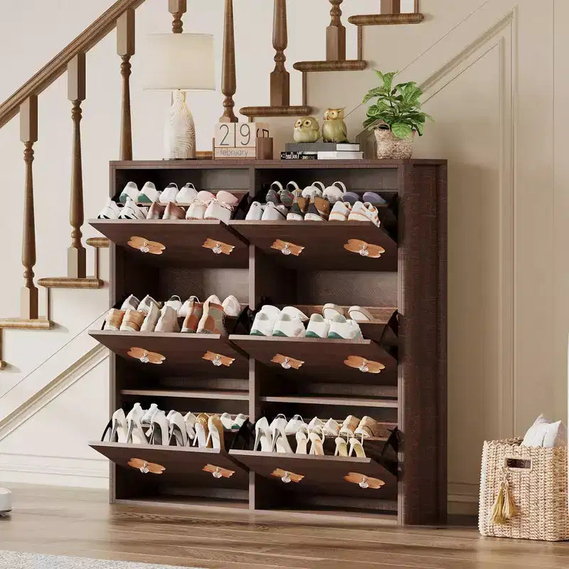 Wooden Shoe Cabinet with 6 Flip Drawers Adjustable Shelves Flower Pattern Diamond Handle Freestanding Slim Storage Organizer for Entryway