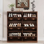 Wooden Shoe Cabinet with 6 Flip Drawers Adjustable Shelves Flower Pattern Diamond Handle Freestanding Slim Storage Organizer for Entryway