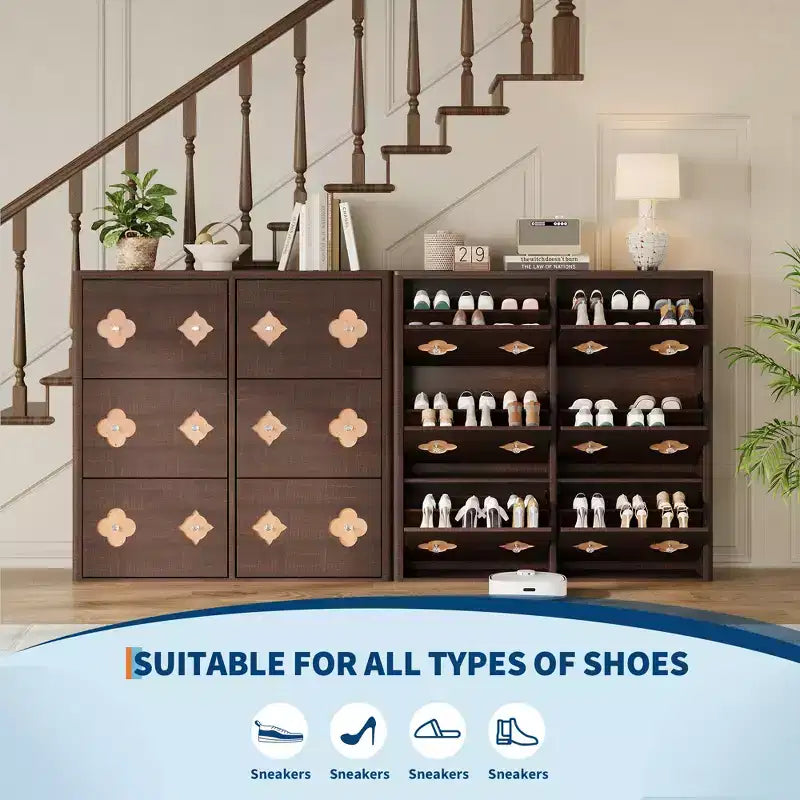 Wooden Shoe Cabinet with 6 Flip Drawers Adjustable Shelves Flower Pattern Diamond Handle Freestanding Slim Storage Organizer for Entryway