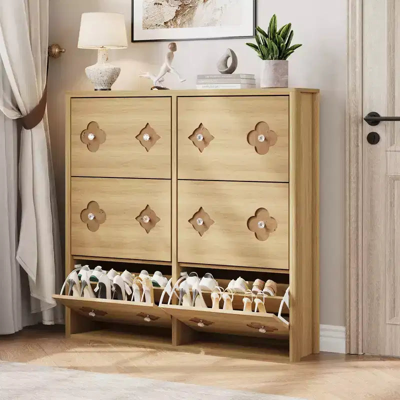 Wooden Shoe Cabinet with 6 Flip Drawers Adjustable Shelves Flower Pattern Diamond Handle Freestanding Slim Storage Organizer for Entryway