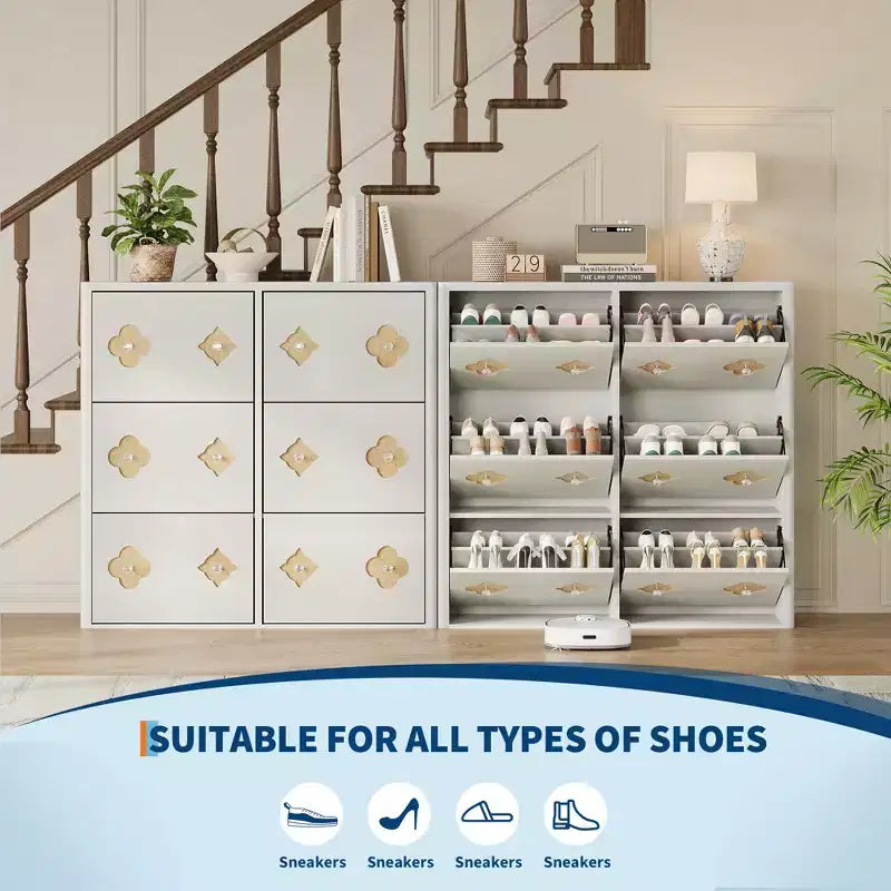 Wooden Shoe Cabinet with 6 Flip Drawers Adjustable Shelves Flower Pattern Diamond Handle Freestanding Slim Storage Organizer for Entryway