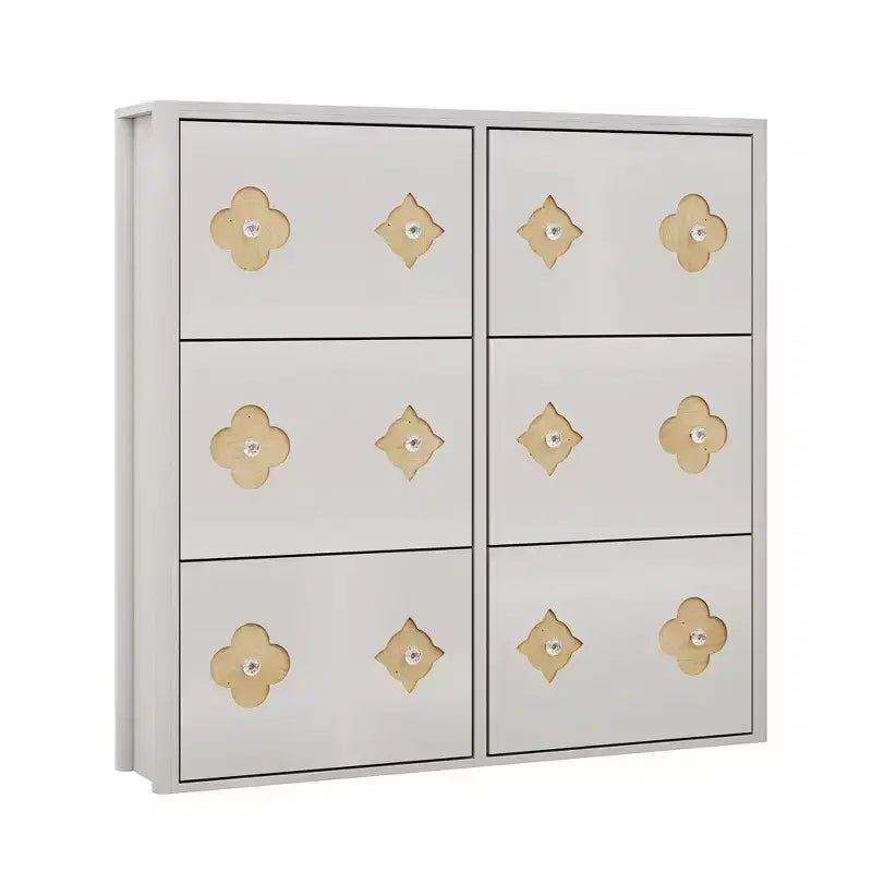 Wooden Shoe Cabinet with 6 Flip Drawers Adjustable Shelves Flower Pattern Diamond Handle Freestanding Slim Storage Organizer for Entryway