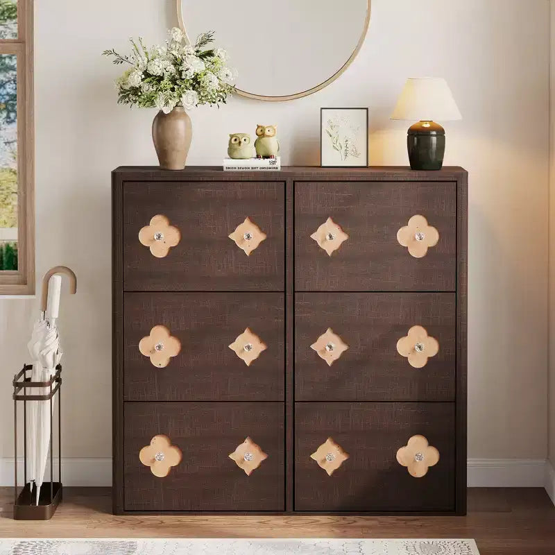 Wooden Shoe Cabinet with 6 Flip Drawers Adjustable Shelves Flower Pattern Diamond Handle Freestanding Slim Storage Organizer for Entryway