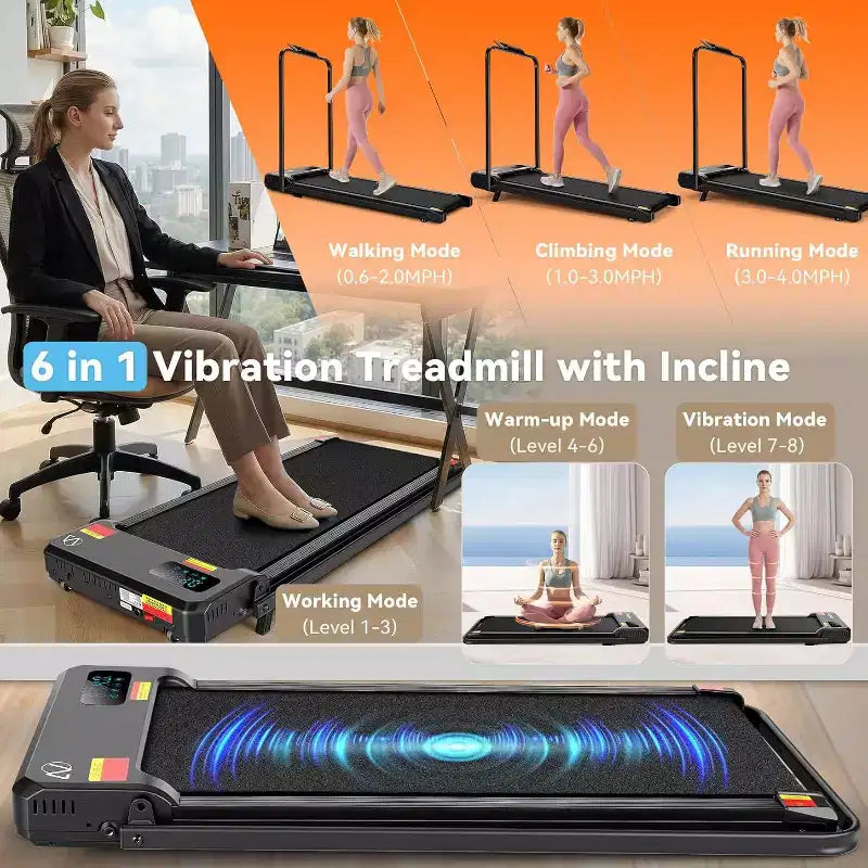 Tapis de course KRISRATE 6 en 1 de 3,5 CV avec plateforme vibrante et inclinaison de 12 %/15 %, tapis de course pliable sous le bureau pour la maison, le bureau