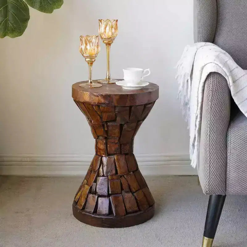 GDFStudio Solara Paulownia Wood Hourglass Round Accent Table with Textured Mosaic Design