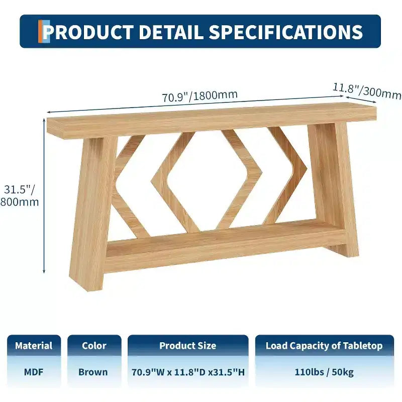 Table console pour entrée, table de canapé étroite de 70,9 pouces de style rustique derrière le canapé avec rangement à 2 niveaux, table de canapé ultra-stable avec pieds trapézoïdaux derrière le canapé