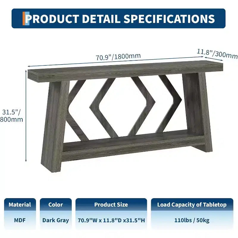 Table console pour entrée, table de canapé étroite de 70,9 pouces de style rustique derrière le canapé avec rangement à 2 niveaux, table de canapé ultra-stable avec pieds trapézoïdaux derrière le canapé