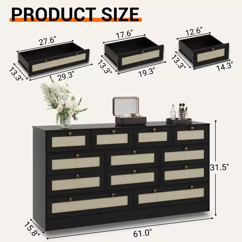 Commode moderne à 12 tiroirs en bois robuste, meuble TV pour téléviseur de 65 pouces, grand meuble de rangement, pour salon, couloir