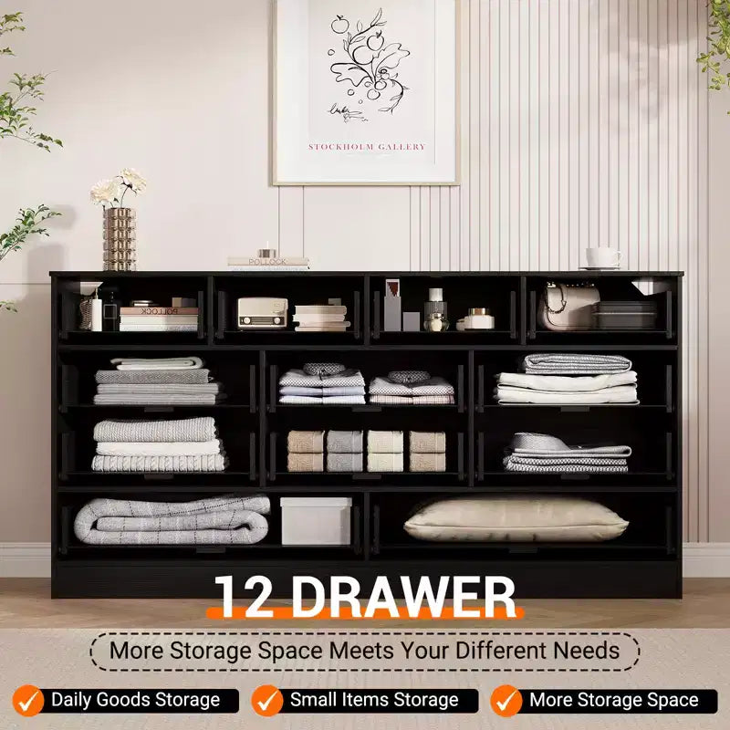 Commode moderne à 12 tiroirs en bois robuste, meuble TV pour téléviseur de 65 pouces, grand meuble de rangement, pour salon, couloir
