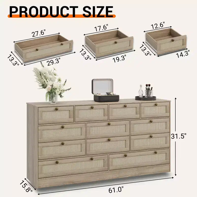 Commode moderne à 12 tiroirs en bois robuste, meuble TV pour téléviseur de 65 pouces, grand meuble de rangement, pour salon, couloir