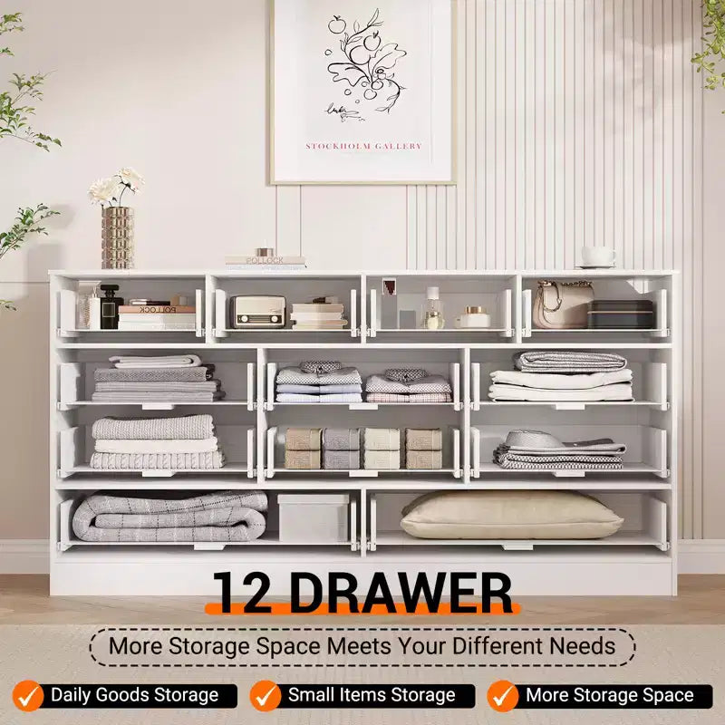 Commode moderne à 12 tiroirs en bois robuste, meuble TV pour téléviseur de 65 pouces, grand meuble de rangement, pour salon, couloir