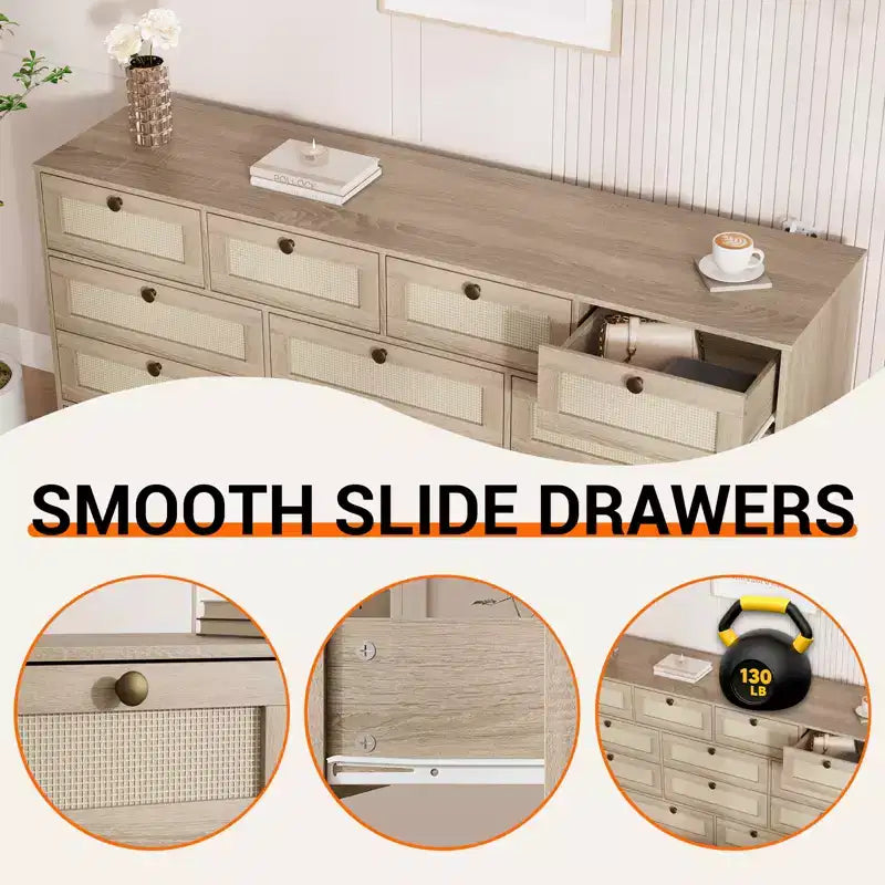 Commode moderne à 12 tiroirs en bois robuste, meuble TV pour téléviseur de 65 pouces, grand meuble de rangement, pour salon, couloir