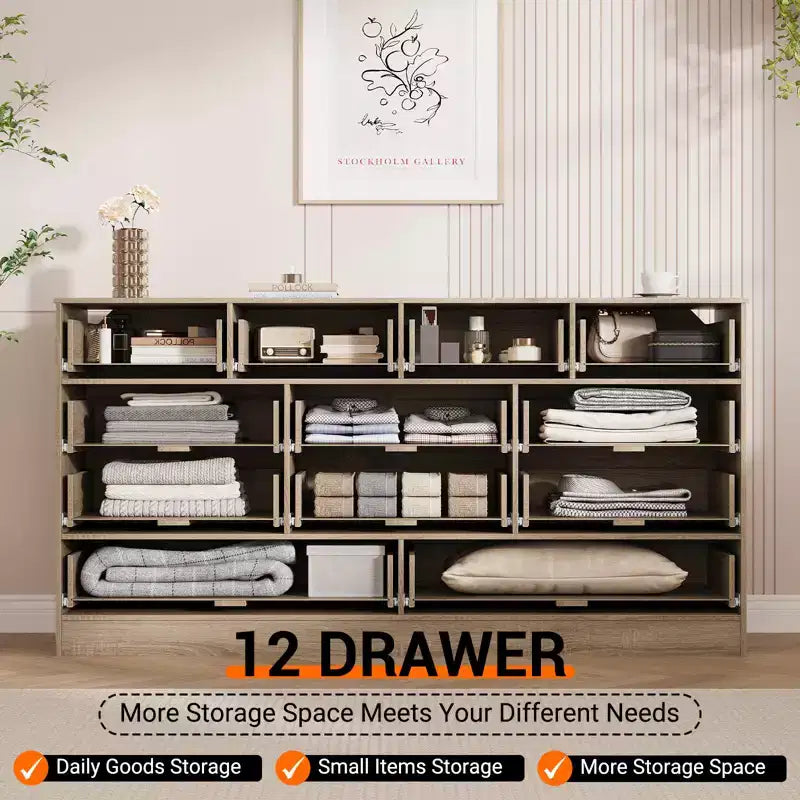 Commode moderne à 12 tiroirs en bois robuste, meuble TV pour téléviseur de 65 pouces, grand meuble de rangement, pour salon, couloir