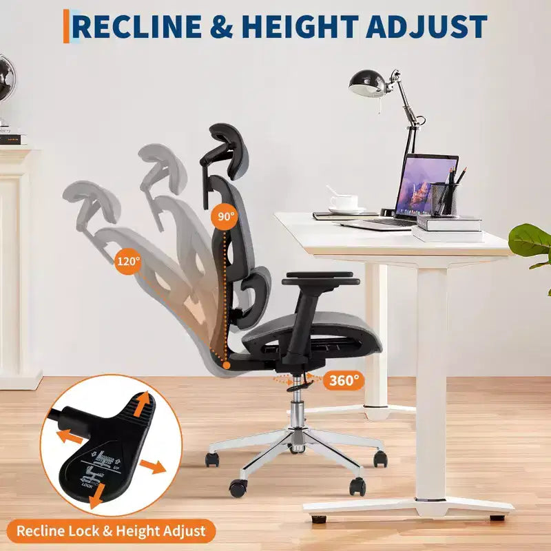 Chaise de bureau ergonomique en maille avec accoudoirs 4D Soutien lombaire dynamique Dossier haut inclinable Assise coulissante Appui-tête Roulettes silencieuses pour bureau à domicile, étude et jeux
