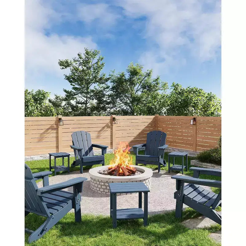 Folding Adirondack Chair with 2-Tier Storage Patio Side Table, Wooden Textured Resistant for Outdoor Patio Seating for Deck, Garden, Lawn, Fire Pit
