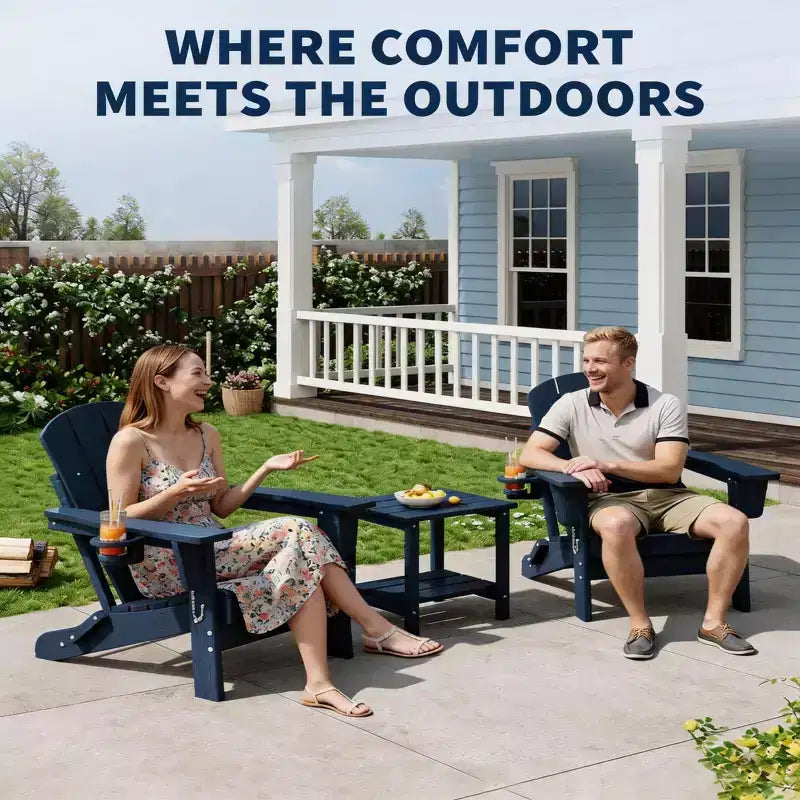 Folding Adirondack Chair with 2-Tier Storage Patio Side Table, Wooden Textured Resistant for Outdoor Patio Seating for Deck, Garden, Lawn, Fire Pit